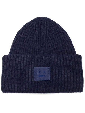 Face Patch Ribbed Wool Beanie Navy - ACNE STUDIOS - BALAAN 1