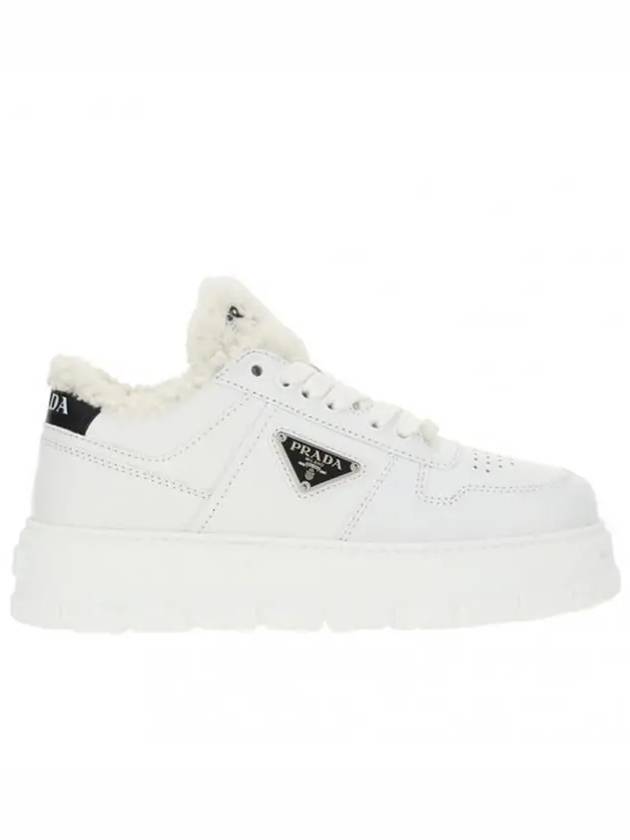 Triangle Logo Shearling Leather Low Top Sneakers White - PRADA - BALAAN 2