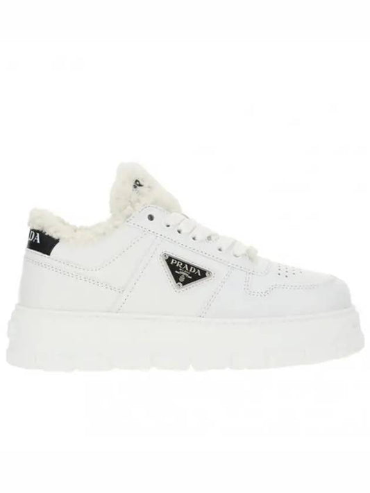 triangle logo shearling leather low top sneakers white - PRADA - BALAAN.