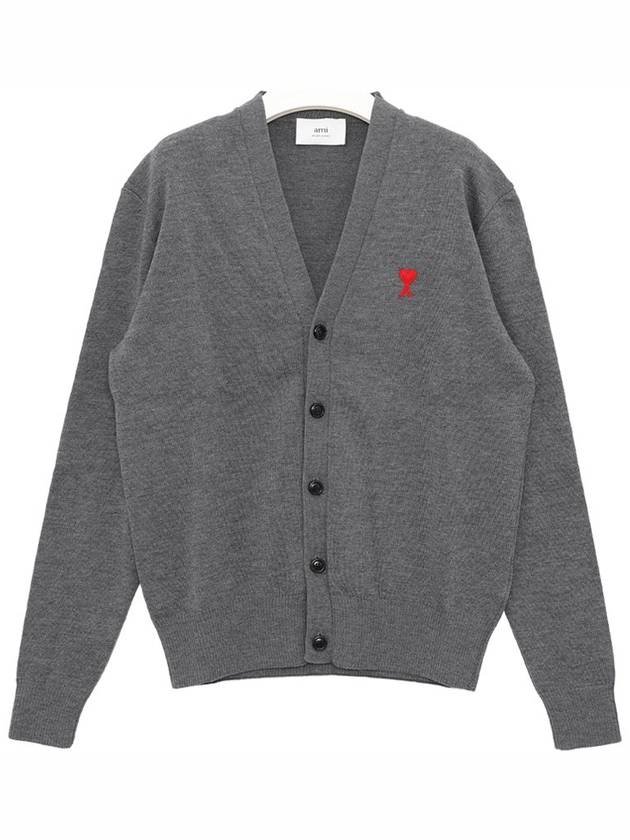 Heart Logo Merino Wool Cardigan Heather Grey - AMI - BALAAN 2