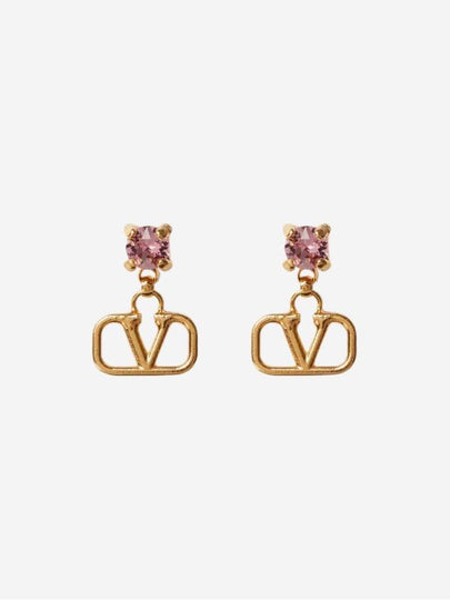 Metal Swarovski Crystal V Logo Earrings Gold Pink - VALENTINO - BALAAN 2