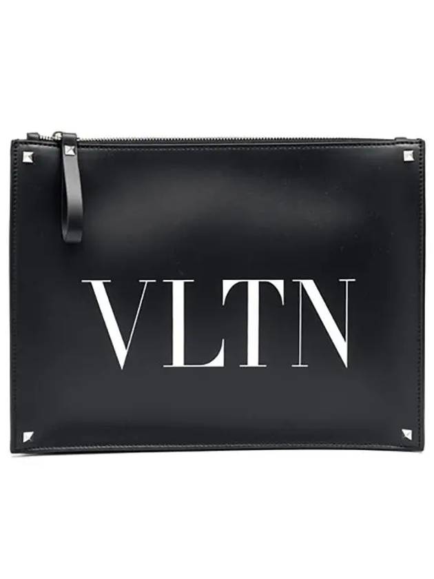 Men's Logo Print Leather Clutch Bag Black - VALENTINO - BALAAN.