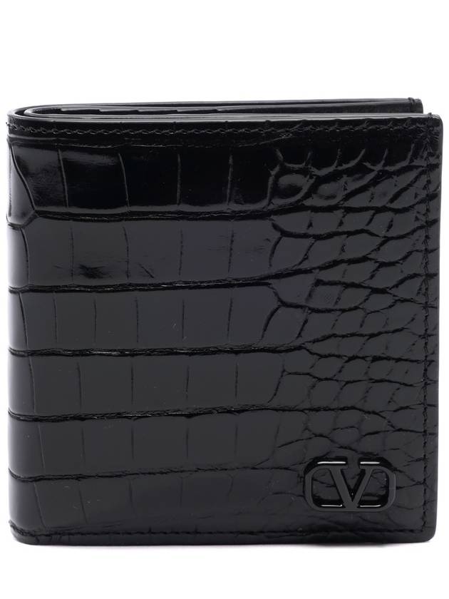 V Logo Crocker Effect Half Wallet Black - VALENTINO - BALAAN 2