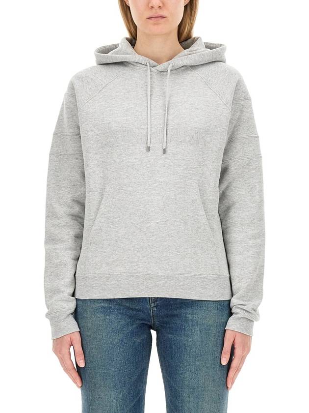 Logo Kangaroo Pocket Fleece Hoodie Grey - SAINT LAURENT - BALAAN 2