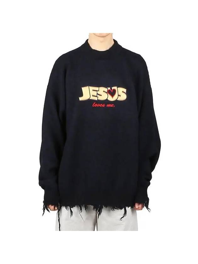 Jesus Loves You Destroyed Knit Top Navy - VETEMENTS - BALAAN 1