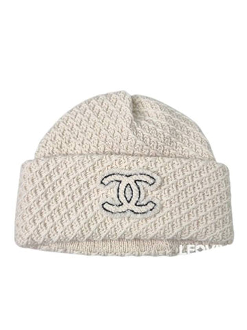 CC Logo Cashmere Beanie Cloche Winter Hat White Cream Ivory AAA201 - CHANEL - BALAAN 1