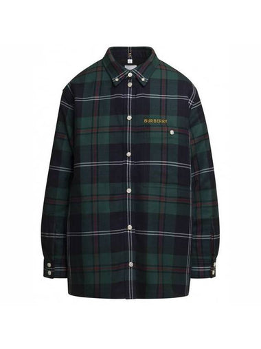 Women's Logo Embroidered Check Wool Overshirt Jacket Dark Green - BURBERRY - BALAAN 1