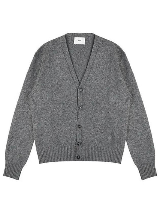 Heart Logo V Neck Cashmere Cardigan Heather Grey - AMI - BALAAN 2