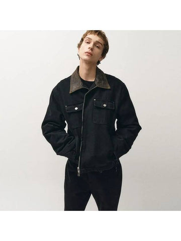 Leather Collar Canvas Work Jacket Black - NOIRER - BALAAN 1