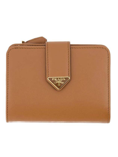 Triangle Logo Leather Half Wallet Cognac - PRADA - BALAAN 1