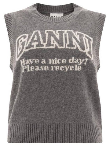 Logo Graphic Crew Neck Wool Knit Vest Grey - GANNI - BALAAN 1