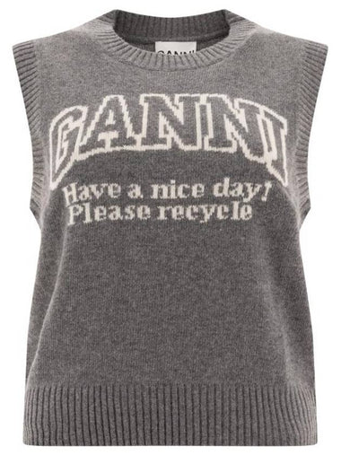 Logo Graphic Crew Neck Wool Knit Vest Grey - GANNI - BALAAN 1