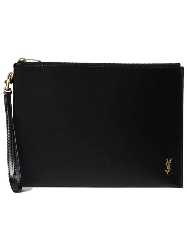 Tiny Cassandre Shiny Leather Zip Tablet Clutch Bag Black - SAINT LAURENT - BALAAN 3