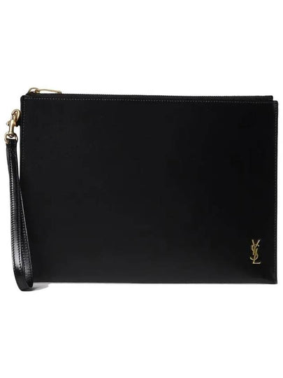 Tiny Cassandre Shiny Leather Zip Tablet Clutch Bag Black - SAINT LAURENT - BALAAN 2