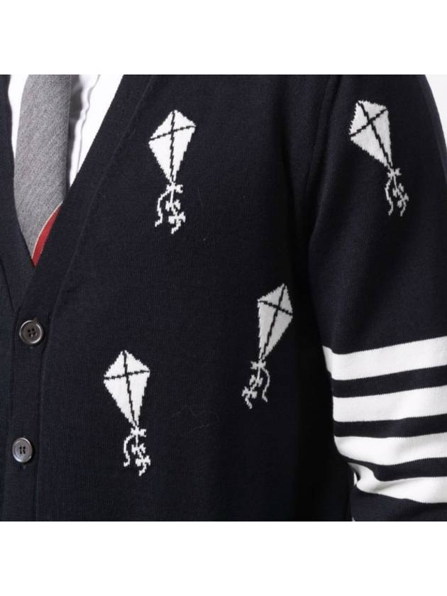 Sky Icon Merino Wool Cardigan Navy - THOM BROWNE - BALAAN 4