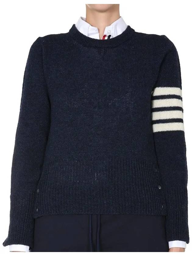 Women's Shetland Wool Jersey Classic Crew Neck 4 Bar Knit Top Navy - THOM BROWNE - BALAAN 3