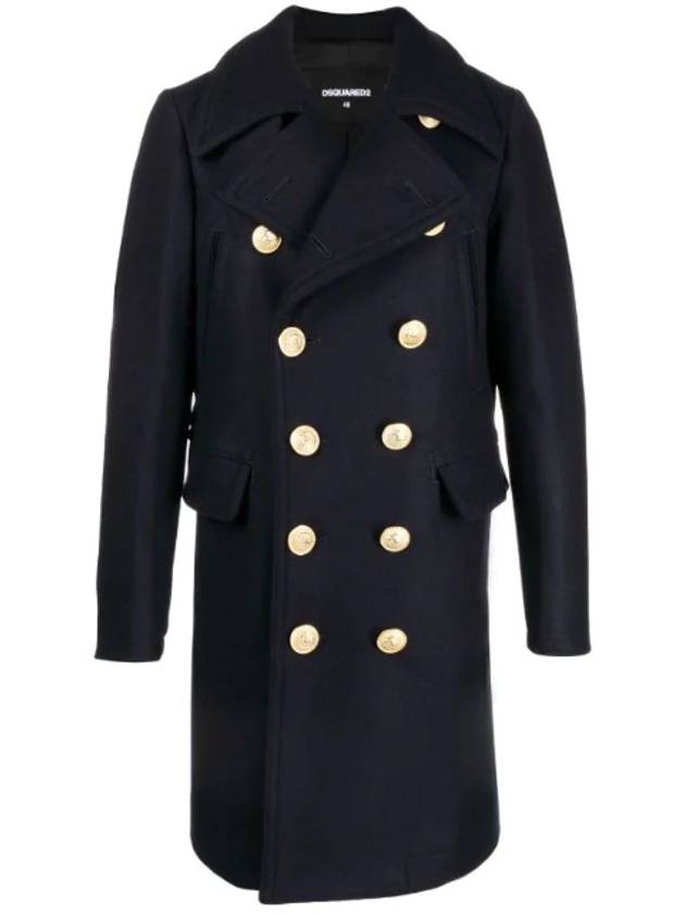 Wool  Double Breasted Coat Navy - DSQUARED2 - BALAAN 1