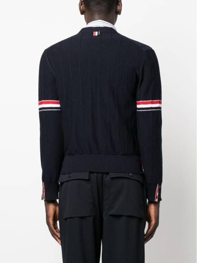 RWB V-neck Striped Virgin Wool Cardigan Navy - THOM BROWNE - BALAAN 5