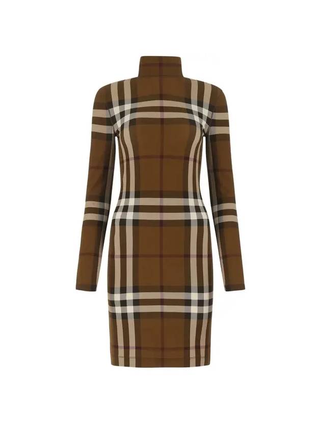 Women's Check Stretch Funnel Neck Midi Dress Brown - BURBERRY - BALAAN.