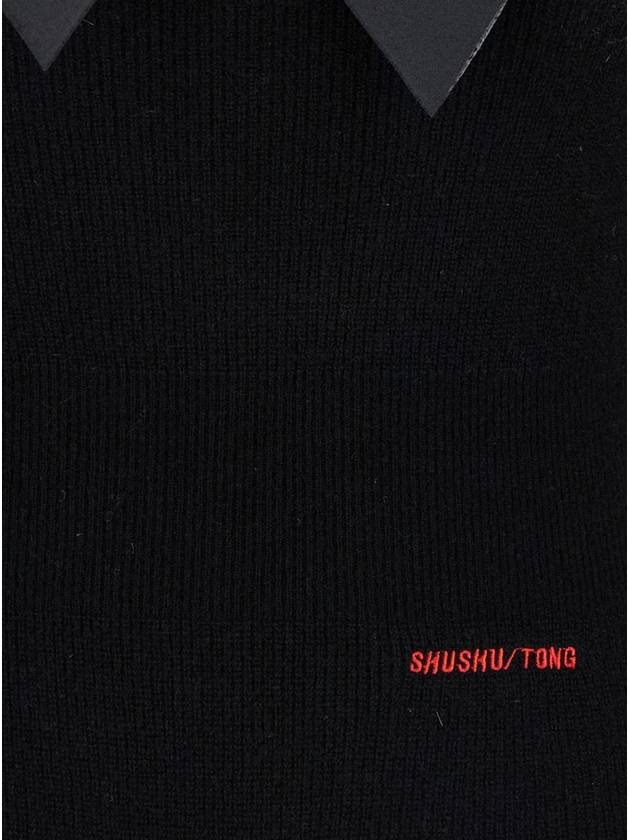 Black Bodysuit With Decorated Neckline And Front Logo In Wool Blend Woman - SHUSHU/TONG - BALAAN 3