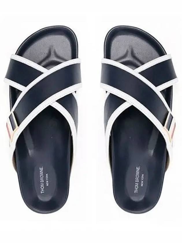 Vitello Calfskin Leather Enamel Buckle Criss Cross Sandal Navy - THOM BROWNE - BALAAN 2