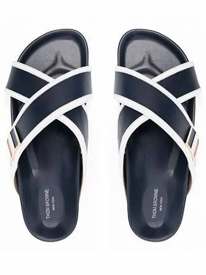 Vitello Calfskin Leather Enamel Buckle Criss Cross Sandal Navy - THOM BROWNE - BALAAN 2