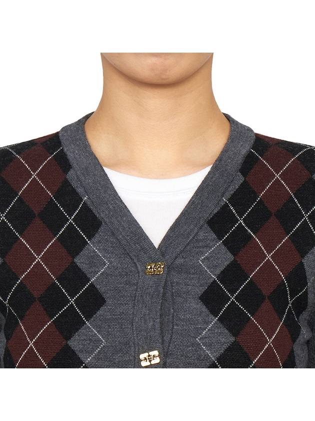 V-Neck Argyle Knit Cardigan Grey - GANNI - BALAAN 6