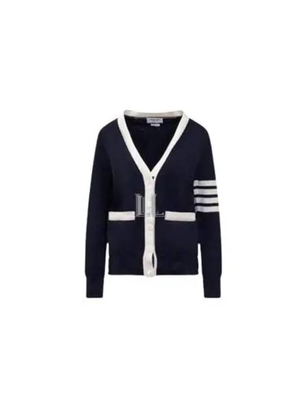 Cotton Hector Pointelle 4 Bar V Neck Cardigan Navy - THOM BROWNE - BALAAN 2