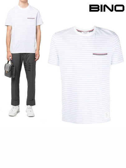 Striped Jersey Pocket Short Sleeve T-Shirt Light Blue White - THOM BROWNE - BALAAN 2