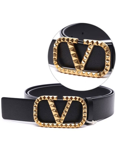 V Logo Gold Leather Belt Black - VALENTINO - BALAAN 2