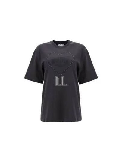 Drop Shoulder Heart Cotton Short Sleeve T-Shirt Black - GANNI - BALAAN 2