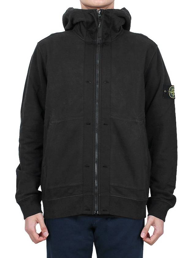 Brushed Cotton Fleece Garment Dyed Hooded Zip Up Black - STONE ISLAND - BALAAN 3