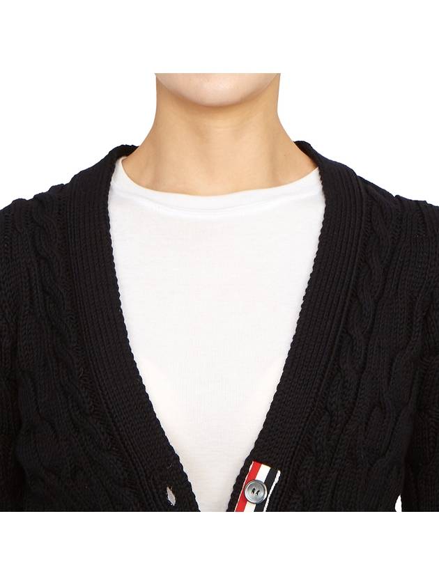 Merino Wool Crisscross Cable Stitch 3/4 Sleeve V-Neck Cardigan Navy - THOM BROWNE - BALAAN 8