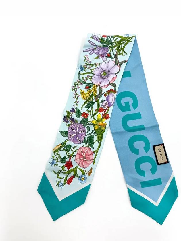 Women's Floral Print Silk Neck Bow Muffler Blue - GUCCI - BALAAN 2