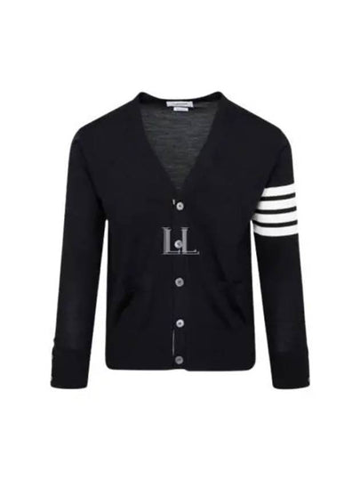 Sustainable Fine Merino Wool 4-Bar Relaxed Fit V-Neck Cardigan Navy - THOM BROWNE - BALAAN 2