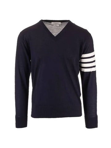 Fine Merino Wool V-Neck Knit Top Navy - THOM BROWNE - BALAAN 1