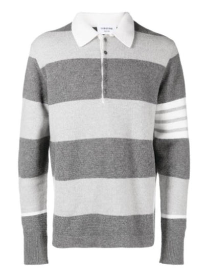 Rugby Striped Merino 4-Bar Long Sleeve Polo Shirt Grey - THOM BROWNE - BALAAN 2