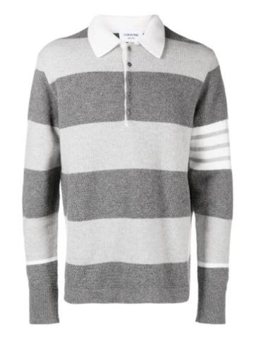 Rugby Striped Merino 4-Bar Long Sleeve Polo Shirt Grey - THOM BROWNE - BALAAN 1