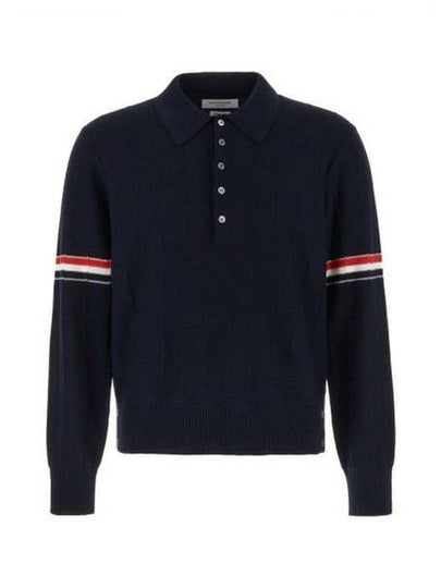 Striped Virgin Wool Long Sleeve Polo Shirt Navy - THOM BROWNE - BALAAN 2