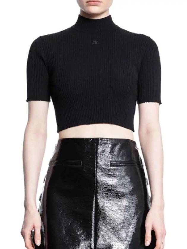 Iconic Logo Mock Neck Rib Crop Knit Top Black - COURREGES - BALAAN 3