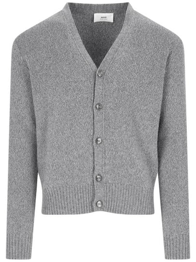 Heart Logo V Neck Cashmere Cardigan Heather Grey - AMI - BALAAN 2