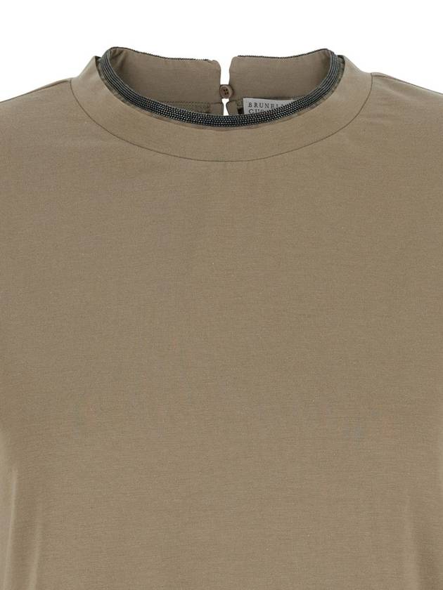 Beige Crewneck T-Shirt With Monile Detail On The Neck In Cotton Blend Woman - BRUNELLO CUCINELLI - BALAAN 3