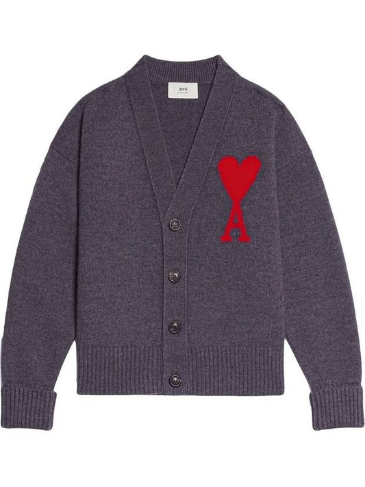 Big Heart Logo Wool Cardigan Grey - AMI - BALAAN.