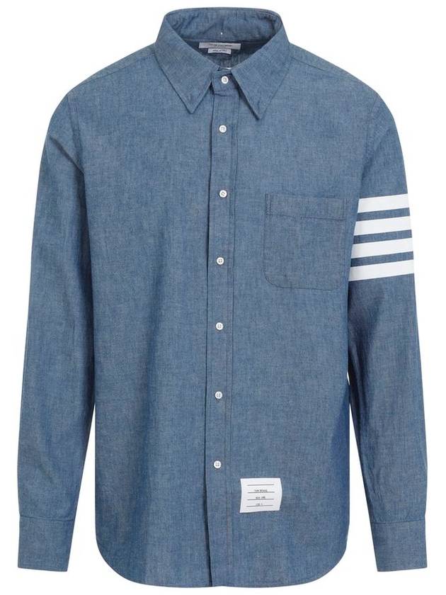 Men's Diagonal Shambray Print Name tag Straight Fit Long Sleeve Shirt Blue - THOM BROWNE - BALAAN 2