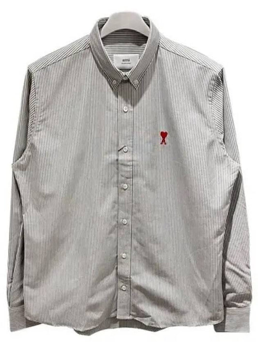 Men's Heart Logo Striped Button Down Long Sleeve Shirt Grey - AMI - BALAAN 2