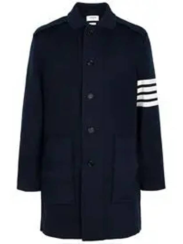 Cotton Cashmere Interlock 4-Bar Polo Collar Overcoat Navy - THOM BROWNE - BALAAN 6