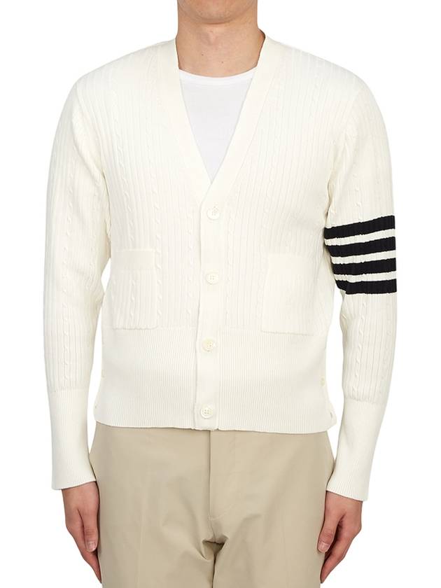 4-Bar Stripe Cable Knit Cardigan White - THOM BROWNE - BALAAN 3