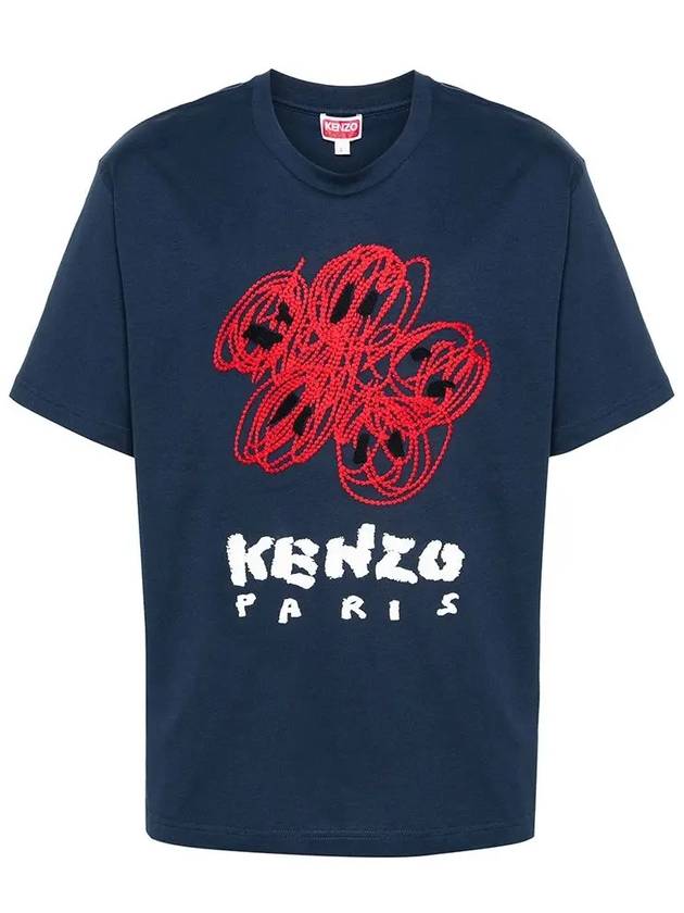 Drawn Varsity Embroidered Classic Cotton T-Shirt Midnight Blue - KENZO - BALAAN 2