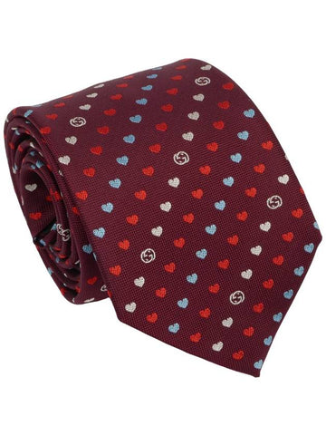 695339 Burgundy Interlocking G Heart Pattern Slim Silk Tie - GUCCI - BALAAN 1