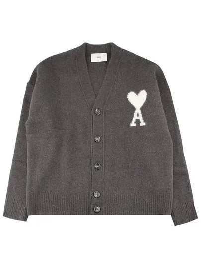 Intarsia Logo Knit Cardigan Dark Grey - AMI - BALAAN 2